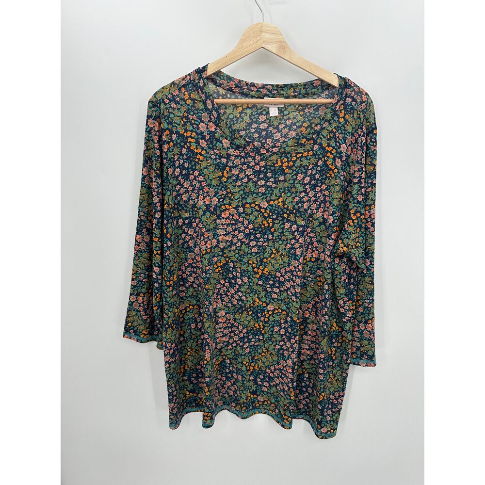 Logo Layers Tunic Women 2X Microfloral 3/4 Sleeve Mesh Scoop Neck Blue L20